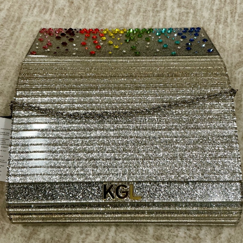 ✨💎NWT💎✨ KURT GEIGER LONDON PARTY SILVER CROSSBODY W/RAINBOW CRYSTALS - Picture 11 of 12